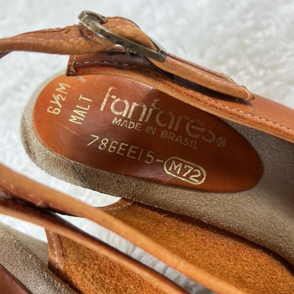 Vintage 70s Fanfares leather and suede peep toe wedge heels in Malt, size 6.5 - Picture 4 of 11